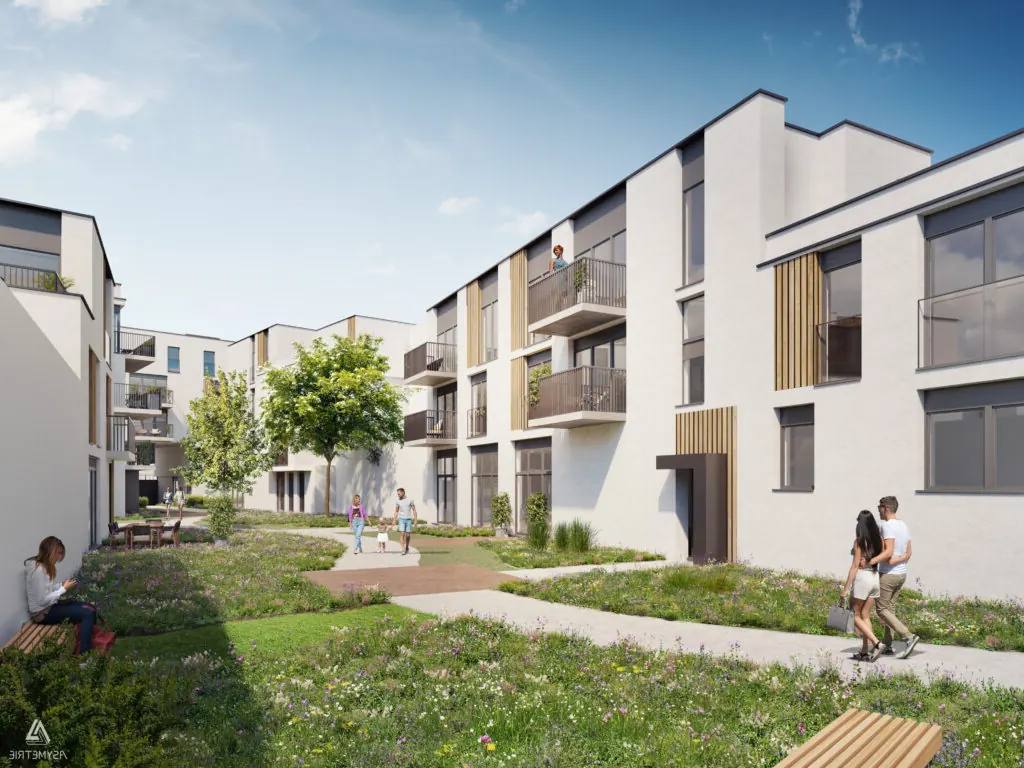 Planted courtyard between two Nexus housing blocks with pale façades, balconies and timber cladding