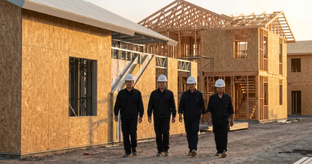 Site photo: timber-frame houses under assembly, OSB-panel walls and exposed roof trusses, hard-hatted workers in the foreground