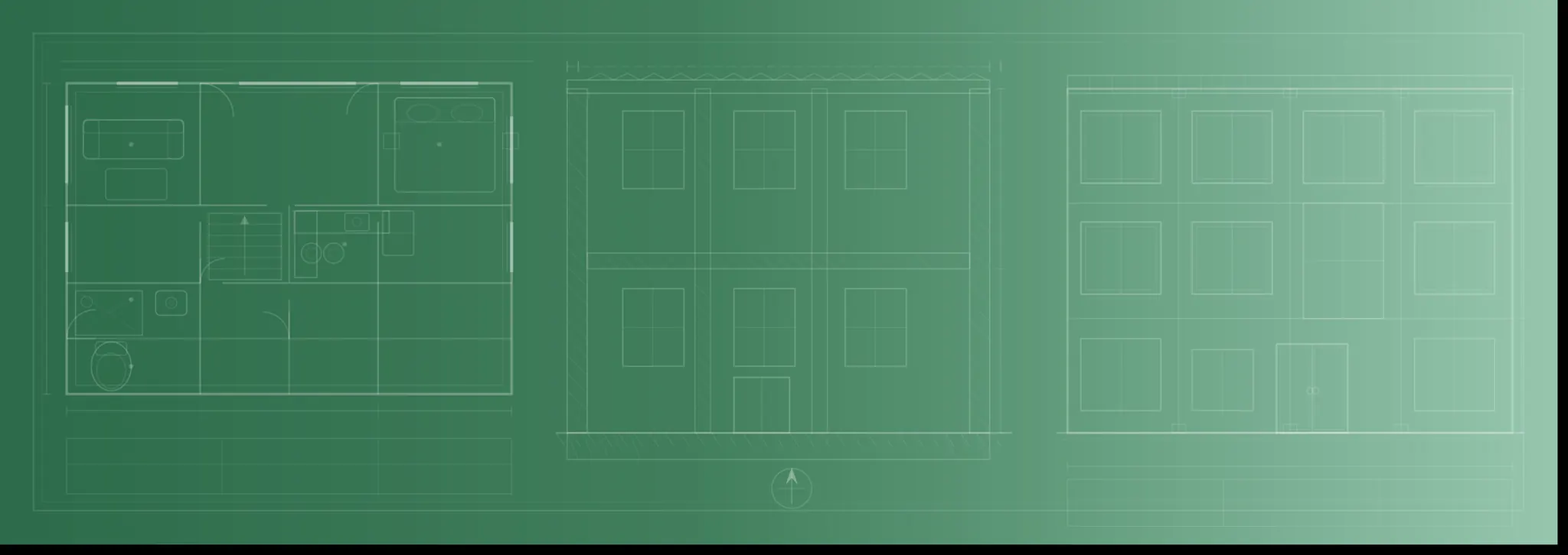 Nexus technical drawings: floor plan, façade section and elevation of a light-frame building