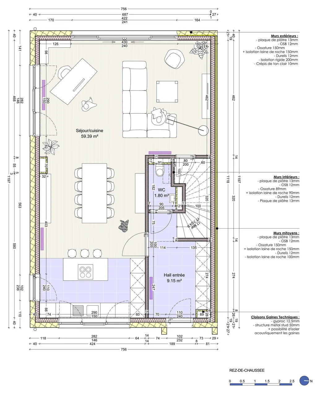 Ground-floor plan of a single-family house: dimensioned living-kitchen, entrance hall and WC, with a legend of the wall build-ups (external, internal, party, service ducts) on the right