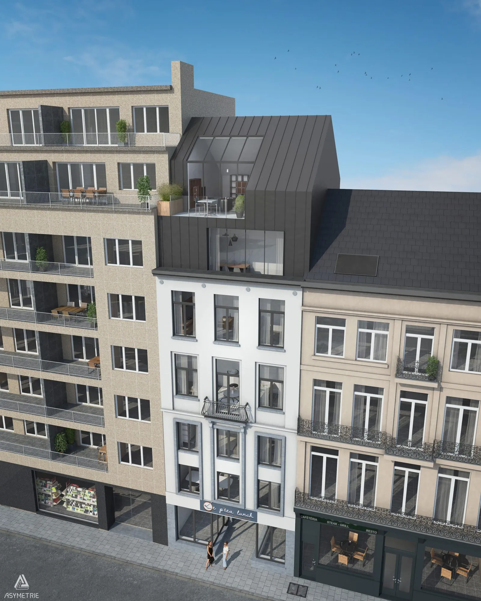 Narrow Brussels building after a rooftop extension: two levels added in dark zinc with a terrace, façade renovated in white