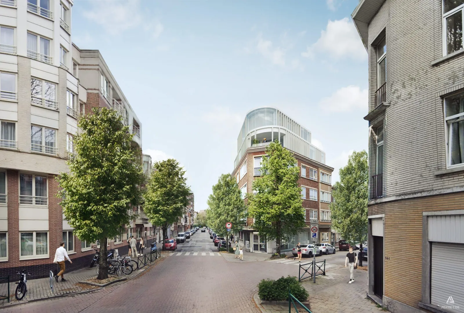 Immeuble d'angle contemporain à angle arrondi, vue depuis la rue plantée d'arbres