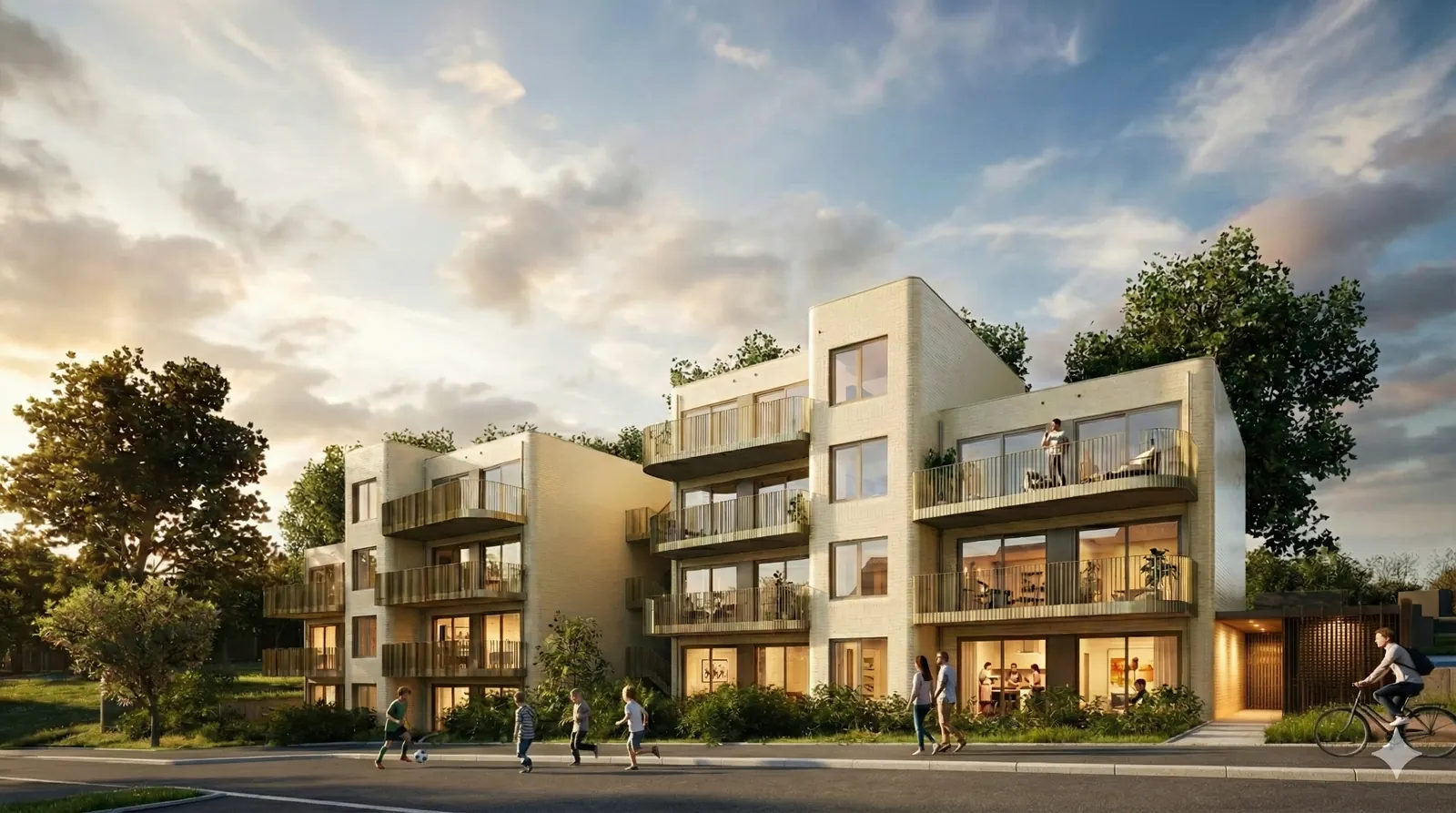 Deux immeubles de logements en brique claire à balcons filants et toitures plantées, en bord de voirie, à Mont-sur-Marchienne
