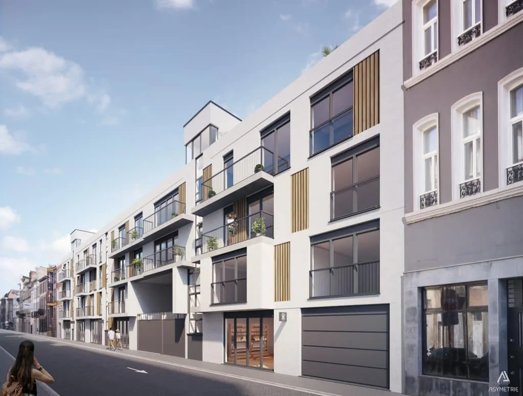 Rendu de la façade sur rue du projet Senne Urbaine : immeuble contemporain à balcons et accents bois