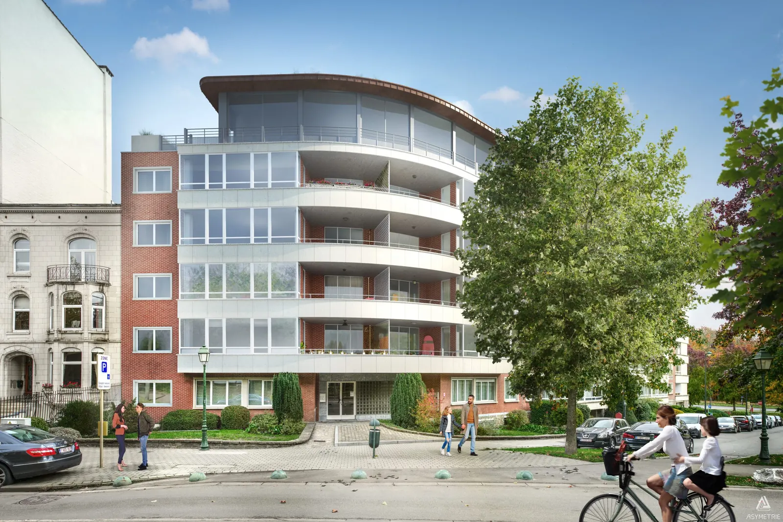 Immeuble de logements en brique et bandeaux vitrés surélevé d'un niveau en retrait, à toiture courbe et façade entierement vitrée, avenue de Tervueren à Bruxelles